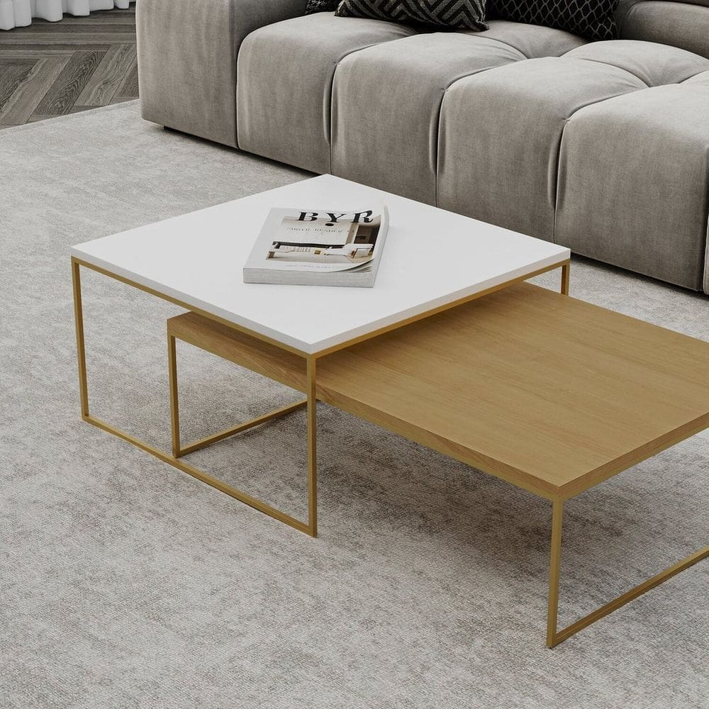 Conjunto Mesa de Centro Minori Maiori 35 X 65 X 90 Cm Branco / Natural / Dourado