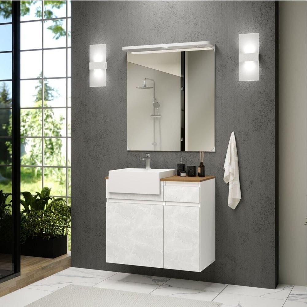 Gabinete para Banheiro com Led, Cuba e Espelheira 80cm Cora Branco/Cristal/Amêndoa
