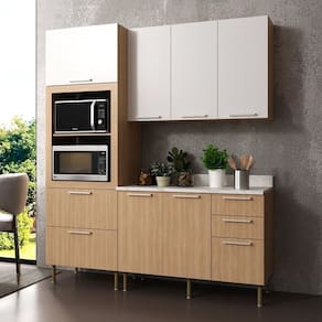 Cozinha Compacta Tulipa 170cm 3 Peças, 6 Portas e 5 Gavetas com Divisor de Talheres e Tampo Cz1103 Freijó/Branco