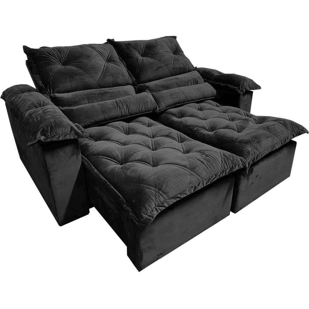 Sofá com Molas 2 Lugares Retrátil e Reclinável Santorini Fofíssimo Tecido Veludo 180cm Cor Preto