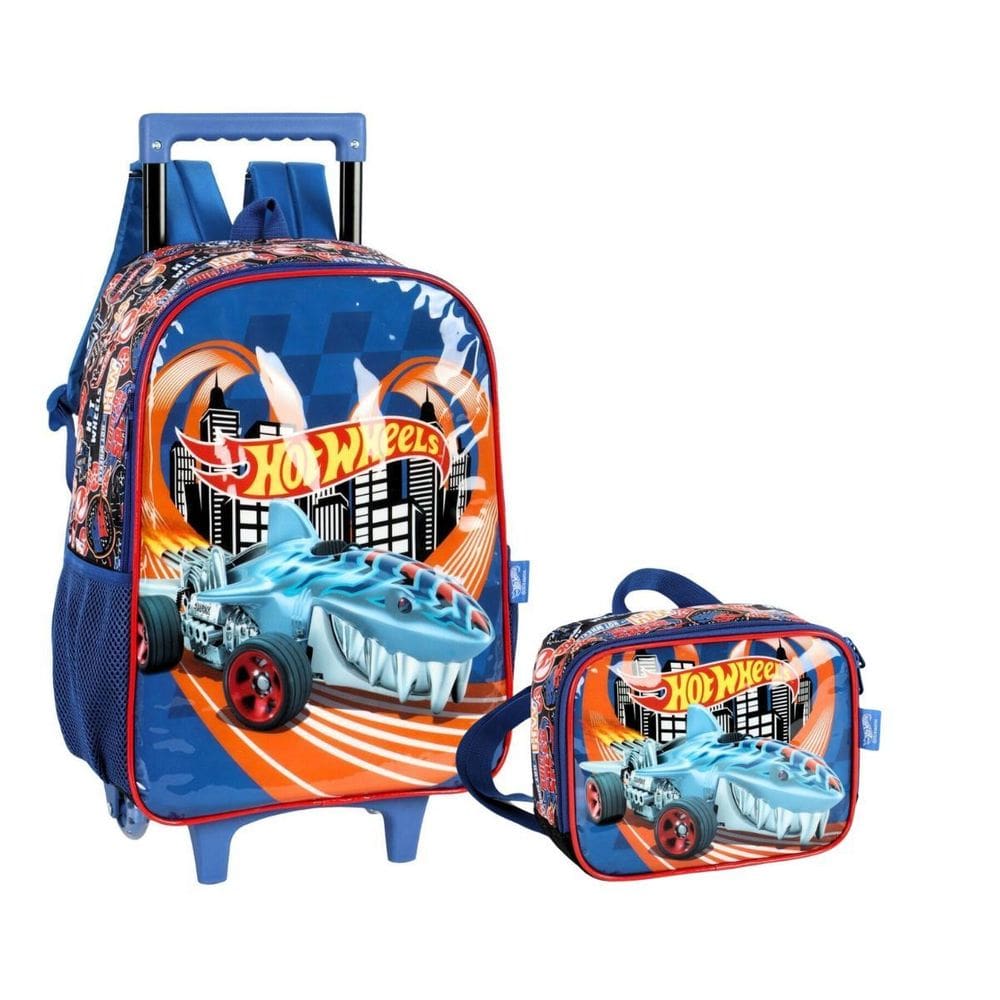 Kit Escolar Mochila De Rodinhas E Lancheira Hot Wheels-Azul