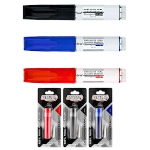 Kit 3 Pincel Marcador Quadro Branco Recarregável + 3 Refil Pincel Marcador Quadro Branco Brw
