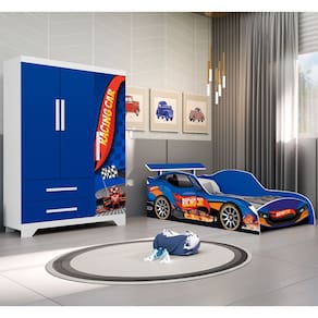 Conjunto Quarto Infantil Carros - Cama Solteiro Proteção Lateral com Colchão e Roupeiro Mdf - Azul