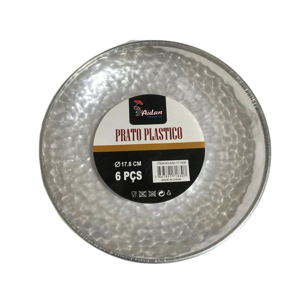 Kit 6 Pratos Sobremesa Acrílico Borda Prata 17Cm Festa