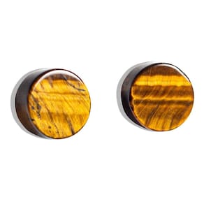 Brinco Botton Pedra Olho de Tigre Pino Tarraxa Banho Dourado