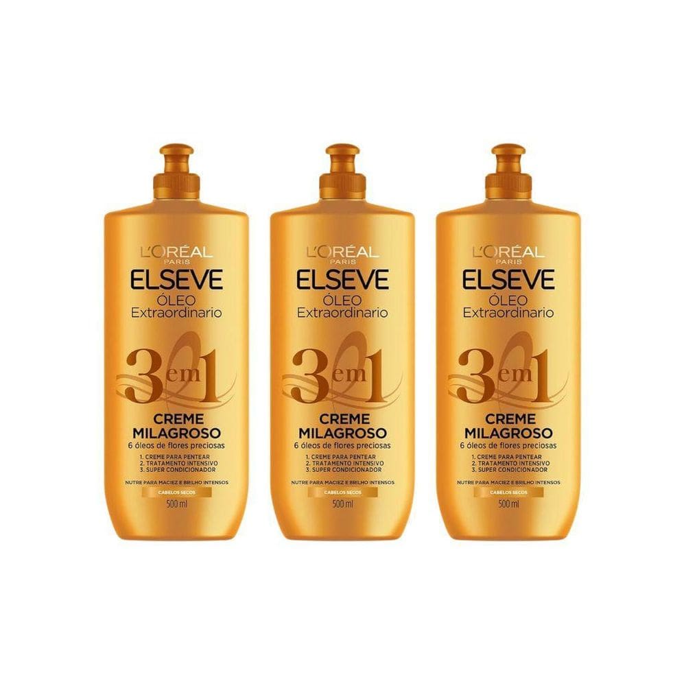 Creme De Tratamento Elseve 500Ml 3Em1 Oleo Extraordinar -3Un