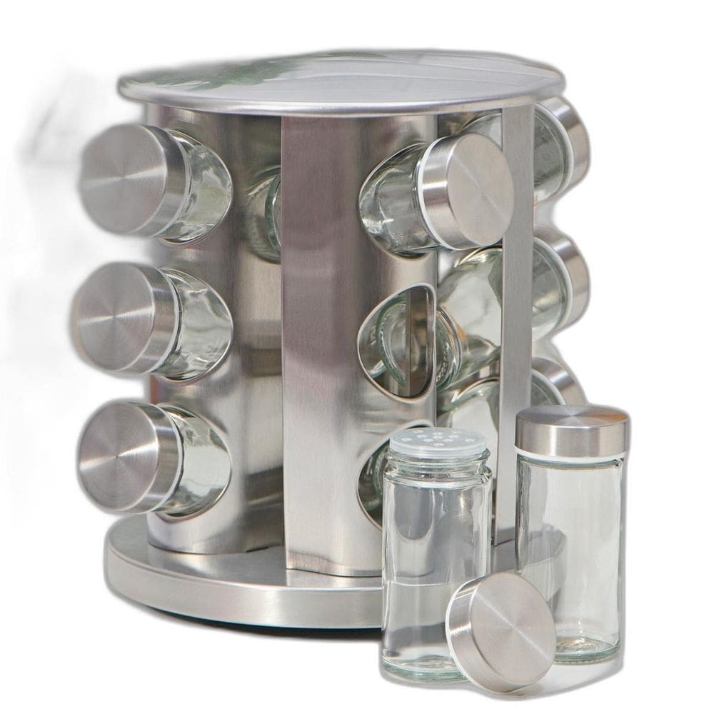Conjunto Porta Temperos Vidro Giratório Tampa Inox