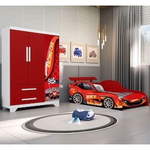 Conjunto Quarto Infantil Carros - Cama Solteiro Proteção Lateral Colchão e Roupeiro Mdf - Vermelho
