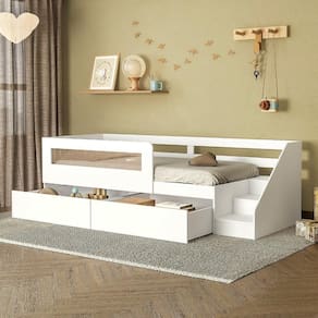 Cama Infantil Space Solteiro com 2 Gavetas, Rattan, Grade de Proteção e Escada de Acesso Casatema Branco