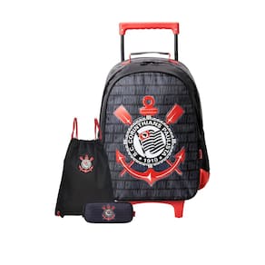 Kit Mochila De Rodinha + Estojo D + Bolsa Saco Corinthians