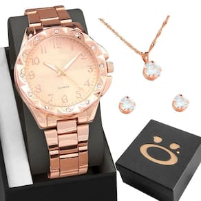 Relogio Feminino Aço Inox Rose Colar Brinco Strass Caixa