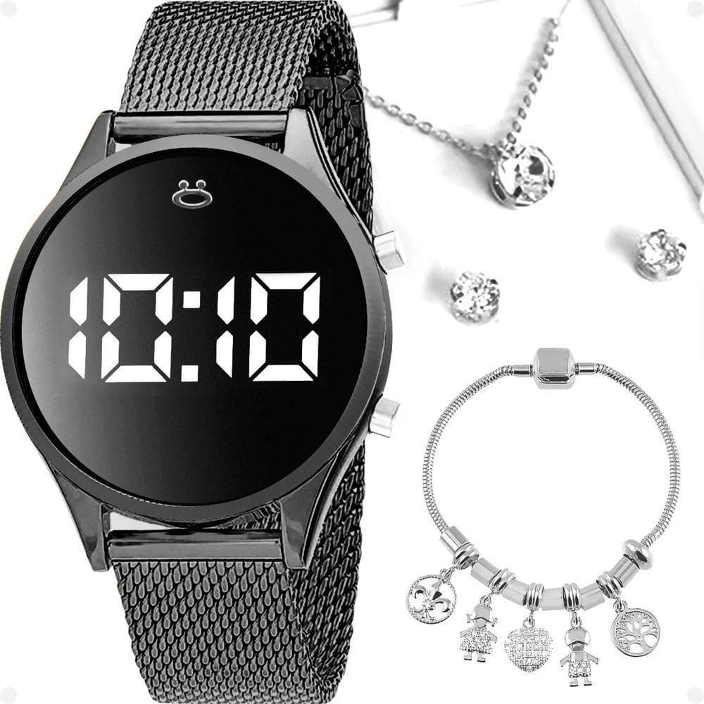 Relogio Feminino Digital Aço Preto Brincos Caixa Colar
