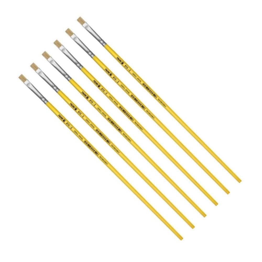 Kit 6 Pincel Chato Longo Cerda Natural 815-2 Nº2 Fino Tigre
