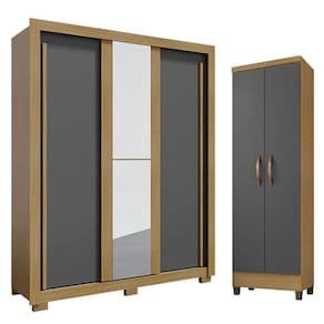 Guarda Roupa Solteiro Nevoa Flex 3 Portas de Correr com Espelho e Armário Multiuso Egito Carvalho Americano Grafite – Incorplac