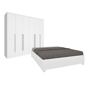 Quarto De Casal Guarda-Roupa 6 Portas Portugal E Cama Box Casal Monaco Espresso Móveis Branco/Neve