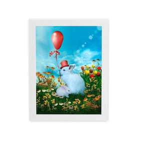 Coelhos Brancos Arte Balão Quadro Moldura Branca 60X40Cm