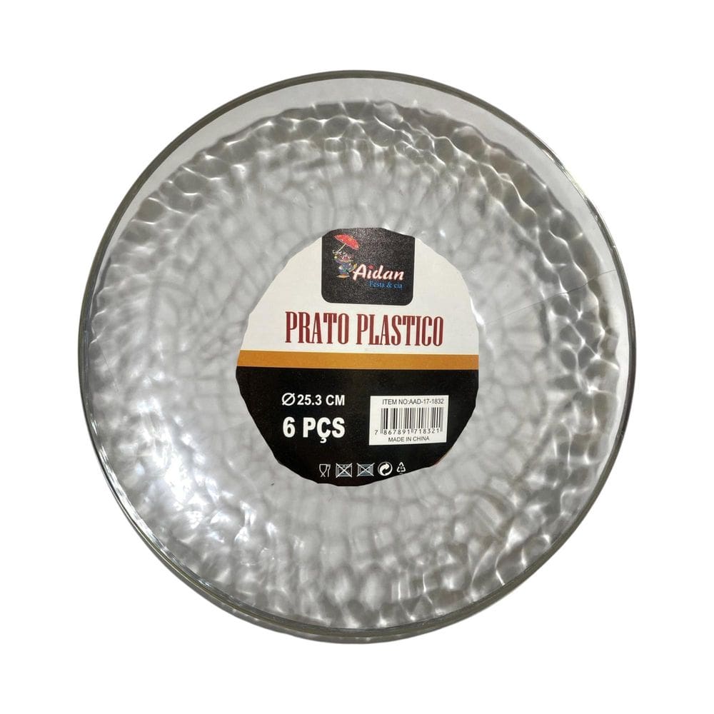 Kit 6 Pratos Redondo Transparente Acrílico Borda Prata 25Cm