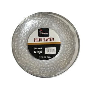 Kit 24 Pratos Sobremesa Acrílico Borda Prata 17Cm Festa