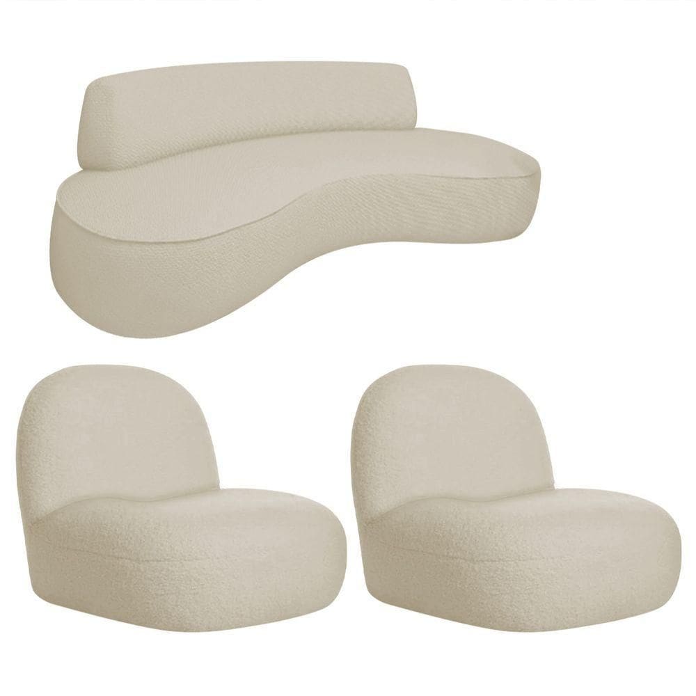 Sofá Curvo 140cm 2 Lugares E 2 Poltrona Orgânico Amsterdã Bouclé Adj Decor Branco