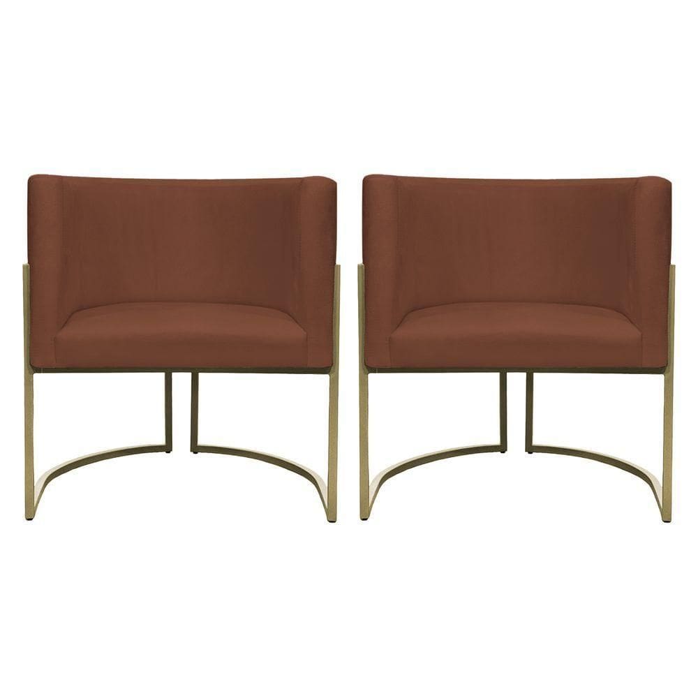 Kit 2 Poltronas Decorativa Recepção Luna Suede Cores Base De Ferro Champagne Terracota Suede