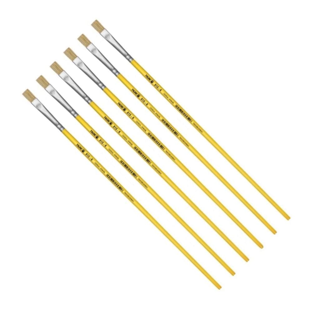 Kit 6 Pincel Chato Longo Cerda Natural 815-6 Nº6 Fino Tigre