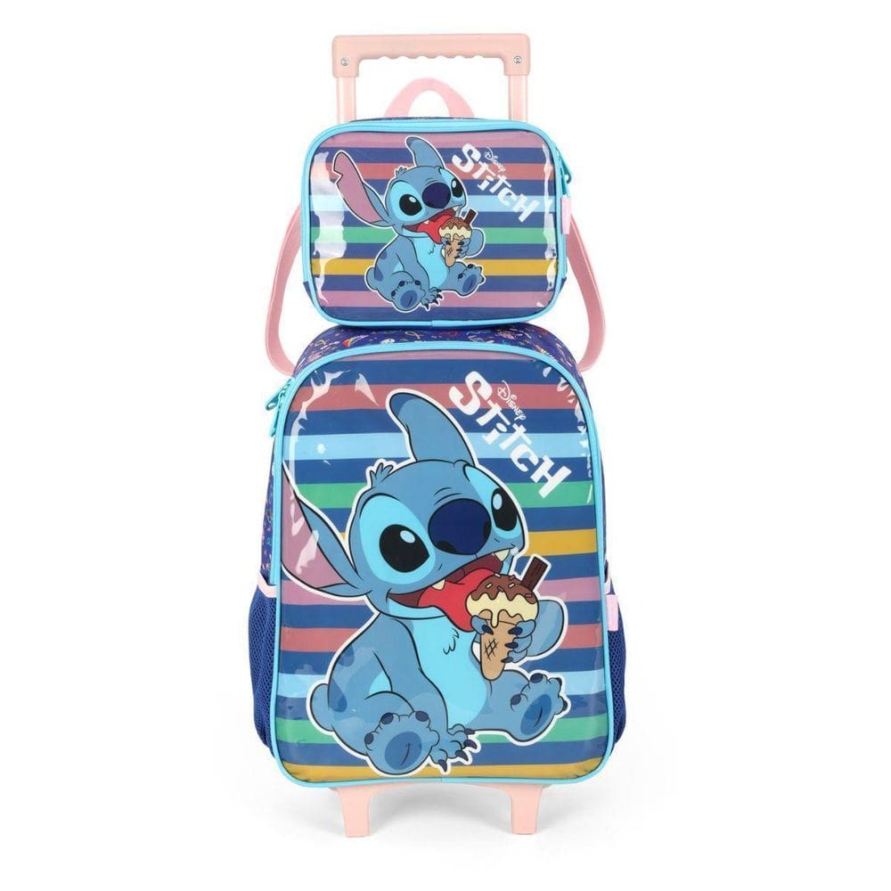 Kit Mochila Com Carrinho + Lancheira Azul Stitch Luxcel