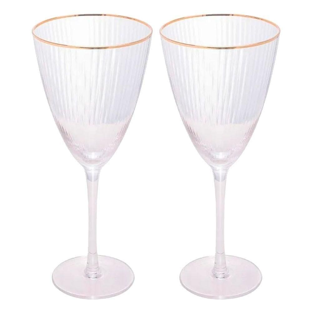 Jogo 2 Taças De Vinho Com Borda Dourada Lines Vidro Transparente 400ml Wolff