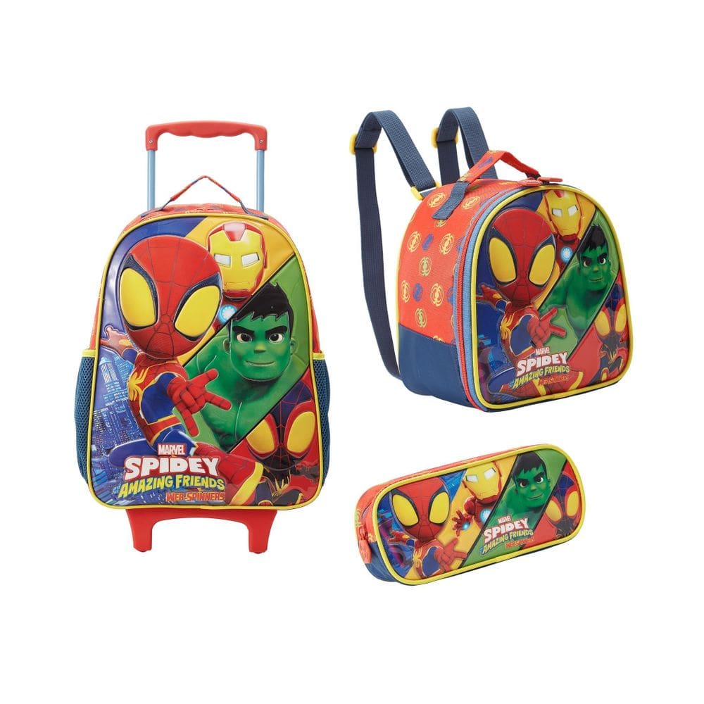 Kit Mochila Carrinho E Rodas Lancheira E Estojo Homem Aranha