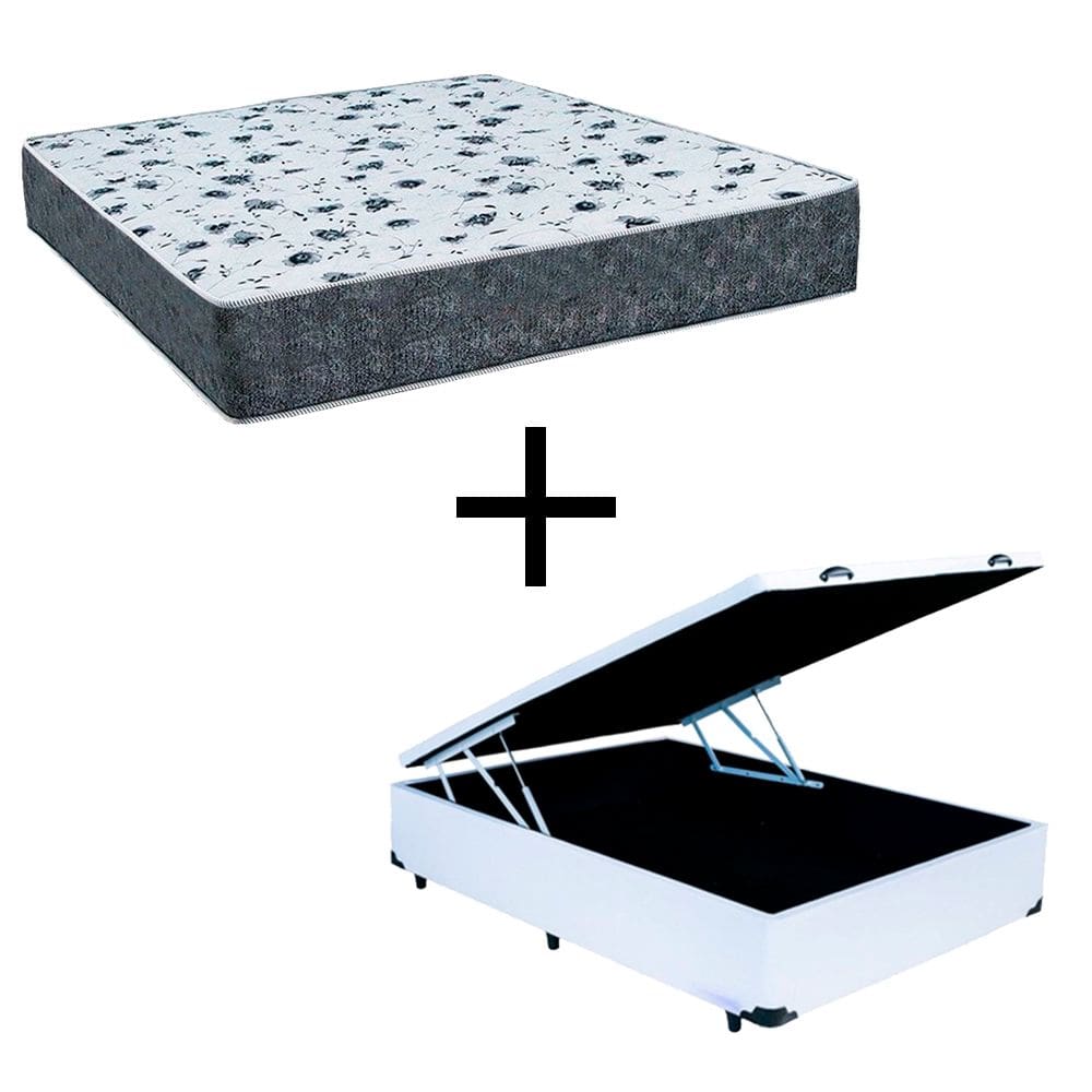 Cama Box Baú Viúva 128 Tecido Sintético Branco Com Colchão Alegro Bello Box Espuma D28 Cinza 58x128x188