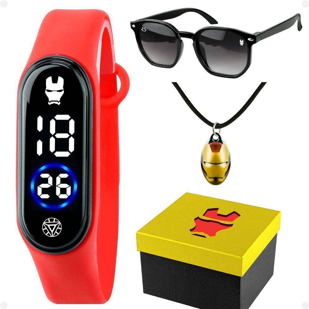 Relogio Digital Infantil Iron Man Oculos Colar Caixa Kids Vermelho
