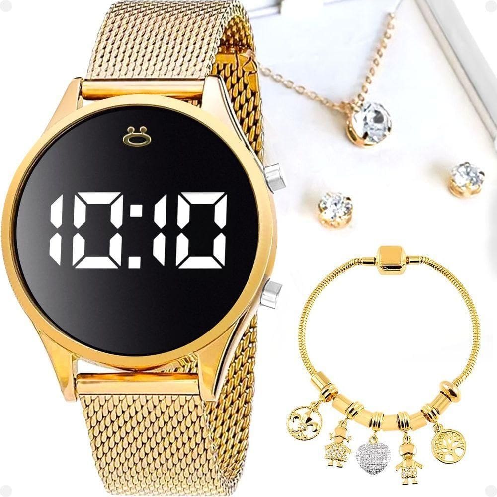 Relogio Feminino Banhado Digital Colar Pulseira Brinco