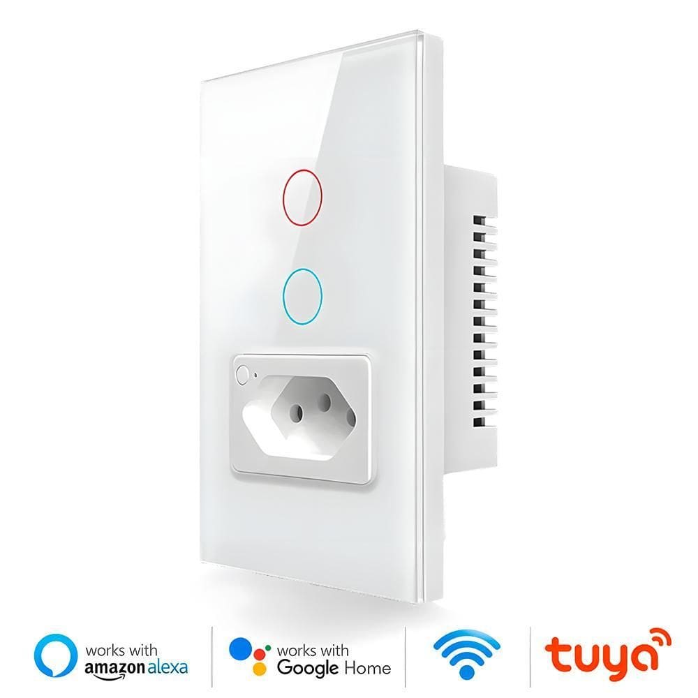 Interruptor Wifi, Com Tomada, 2 Botões, Alexa/Google, Branco