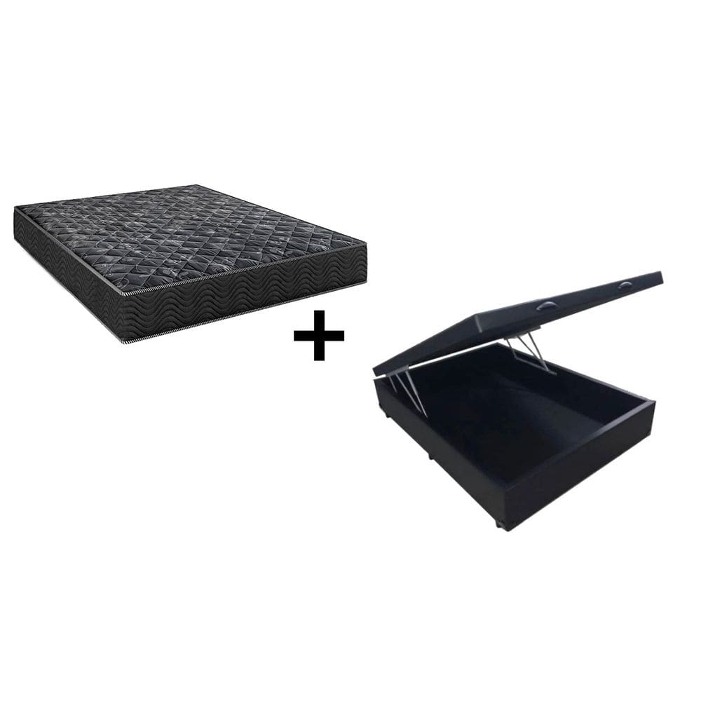 Cama Box Baú Viúva 128 Tecido Sintético Preto com Colchão Lisboa Bello Box Espuma D28 Preto