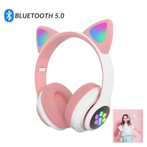 Fone De Ouvido Gatinho Bluetooth Rosa Led Meninas Infantil