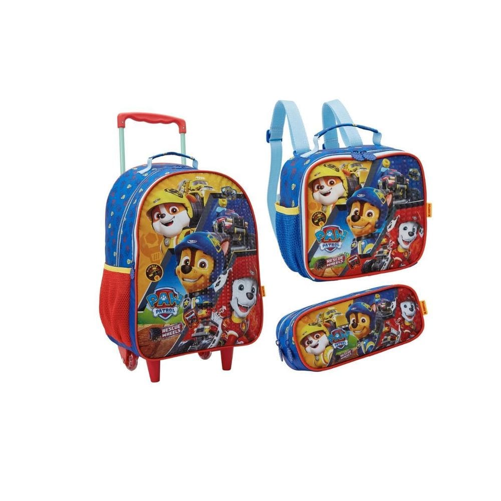 Kit Mochila Carrinho E Rodas Lancheira E Estojo Patrulha