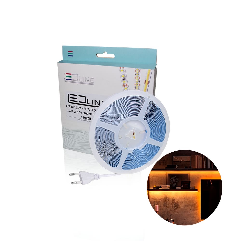 Fita de Led Direta 3528 3000k Branco Quente Com 10 Metros 120led/m Ip44 110v Led Line