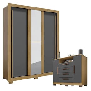 Guarda Roupa Solteiro Nevoa Flex 3 Portas de Correr com Espelho e Cômoda Madri 4 Gavetas 2 Portas Carvalho Americano Grafite- Incorplac