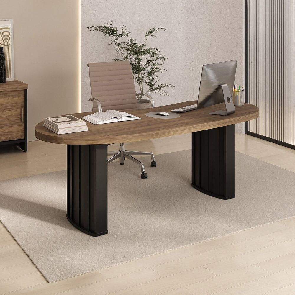 Mesa para Escritório com Curvas Orgânicas, Pés Ripados e Tampo Tamburato Diretor 2 Metros Nogal/Preto