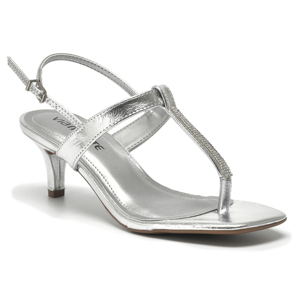 Sandália Via Marte Tira Fina De Dedo Com Strass Salto Médio Metalizado 203-002