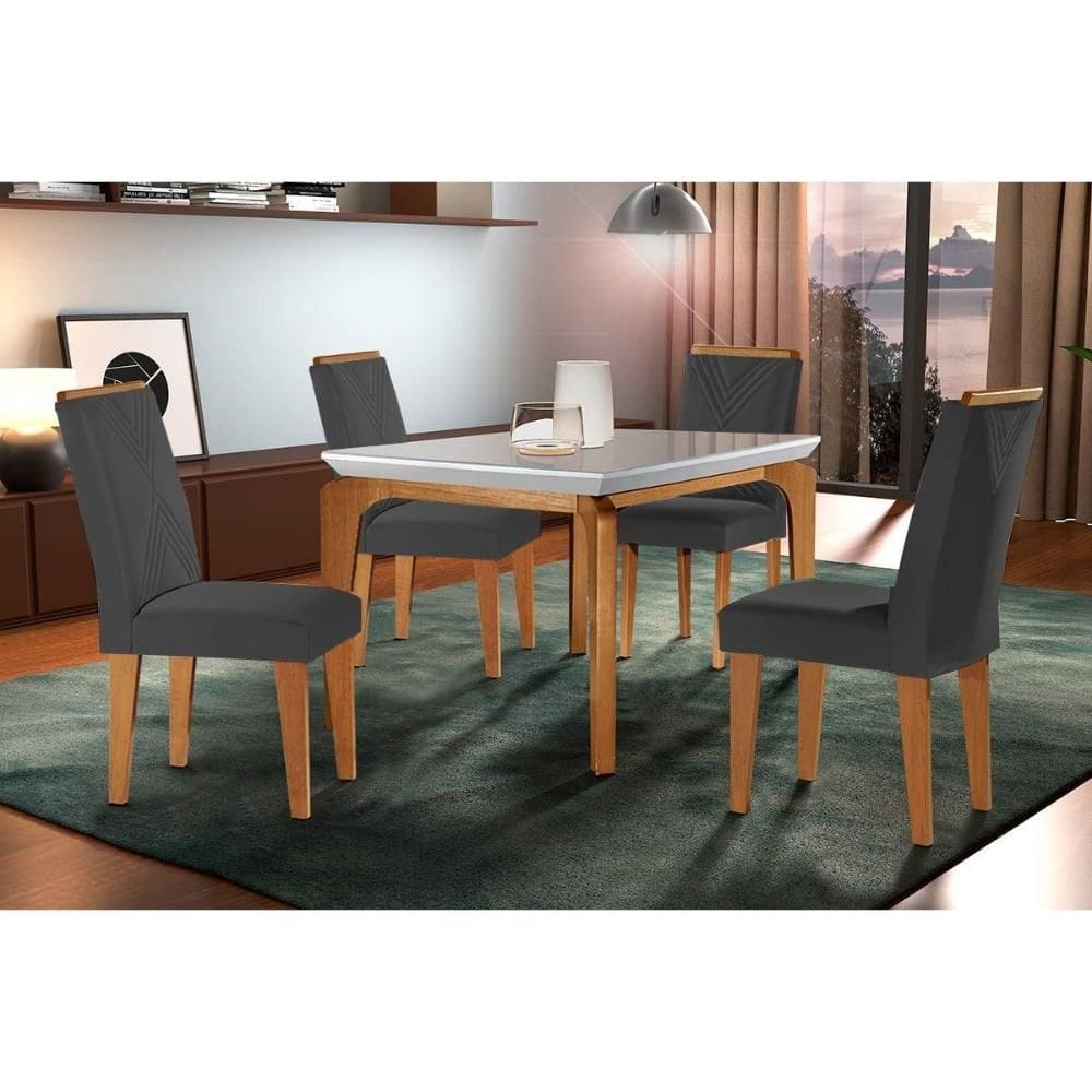 Sala de Jantar Completa Londrina c/ Tampo Madeirado c/ Vidro Canto Curvo 120x80cm e 4 cadeiras Amsterdã Imbuia/Off White - Linho Grafite - Rufato