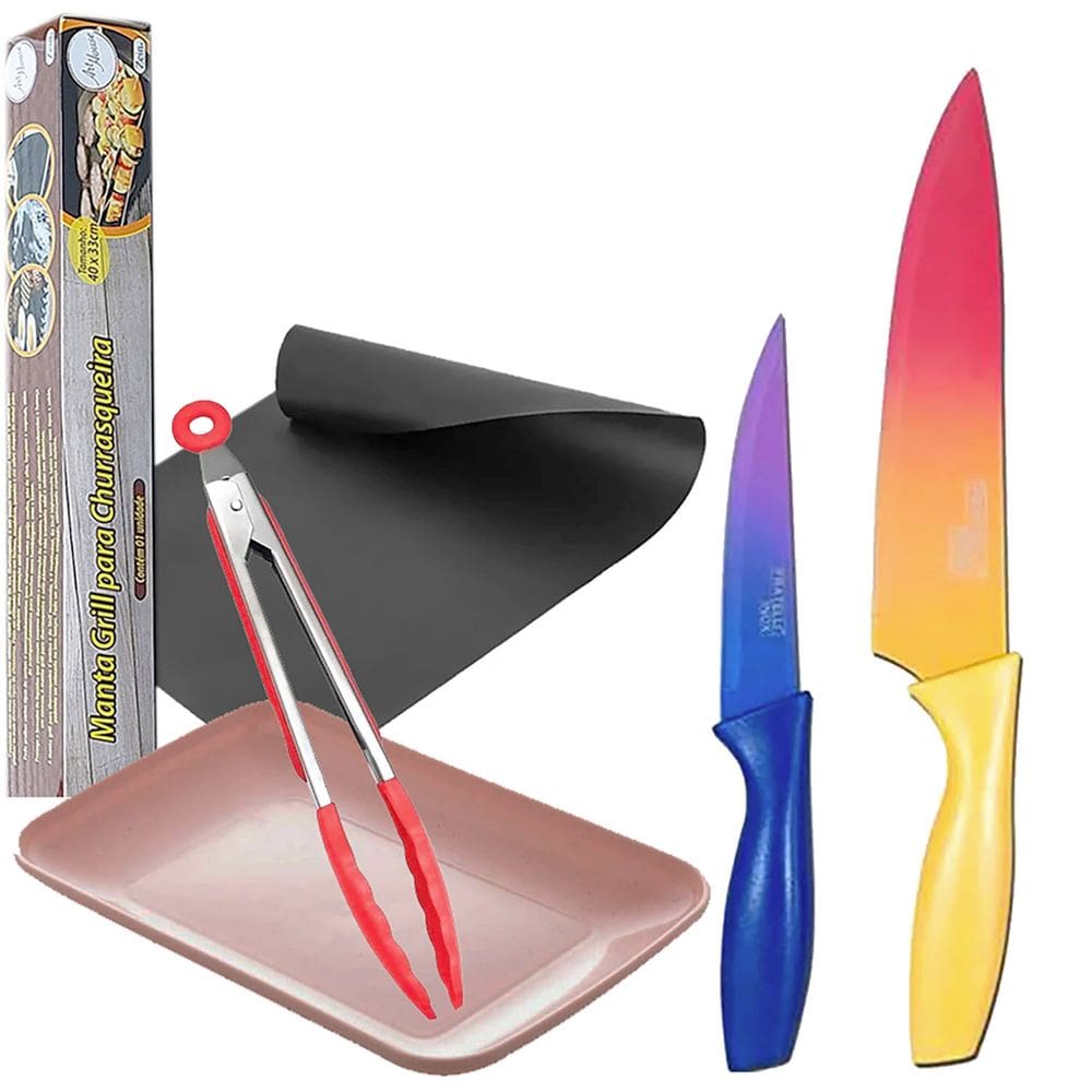 Kit Churrasco 5 Produtos: Conjunto 2 Facas Color + Pegador Pinça + Travessa + Manta Grill