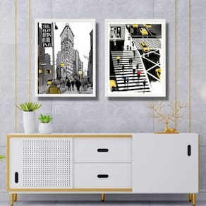 Kit 2 Quadros Figurativos New York Preto Amarelo 33X24Cm
