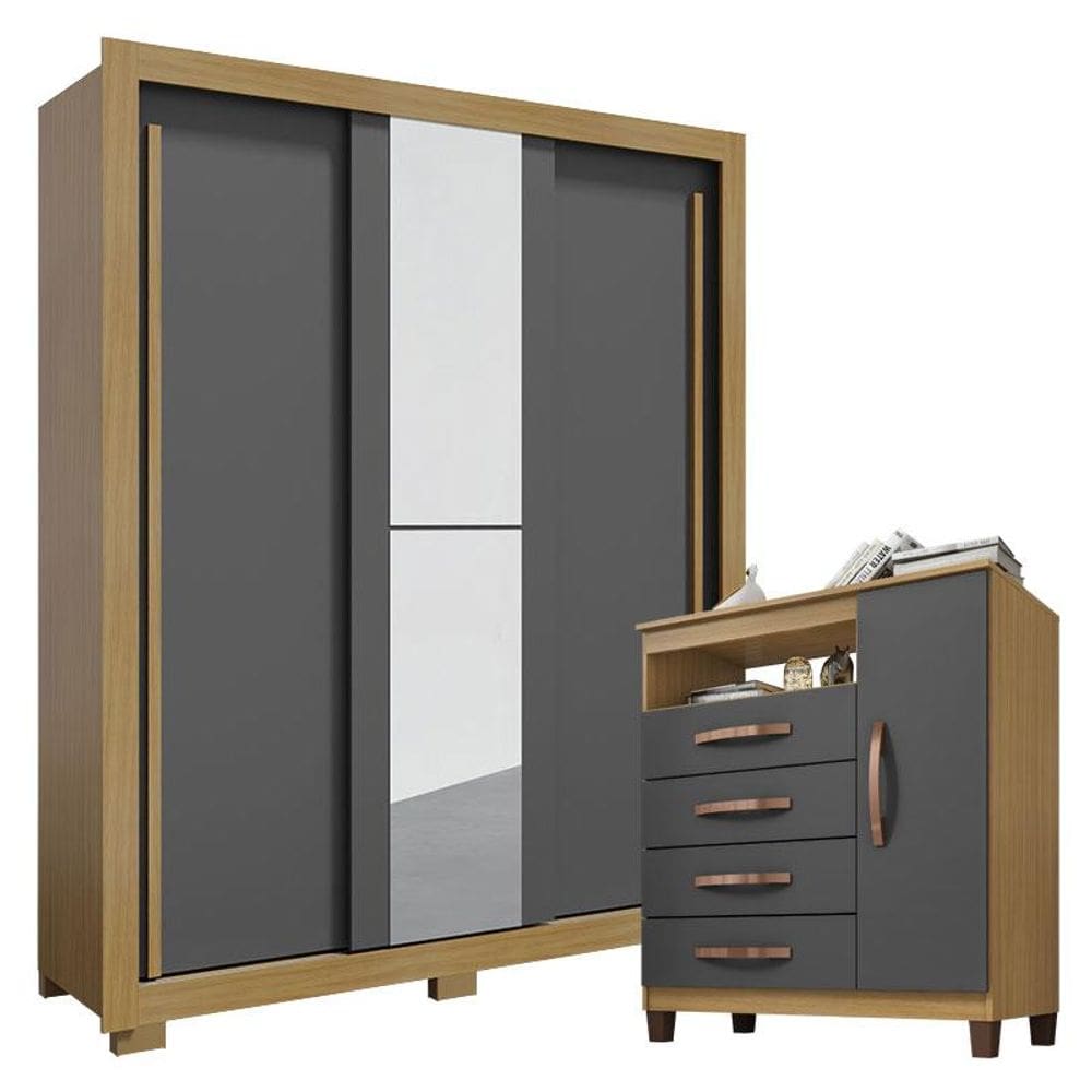 Guarda Roupa Solteiro Nevoa Flex 3 Portas de Correr com Espelho e Cômoda Sapateira Cannes Carvalho Americano Grafite - Incorplac