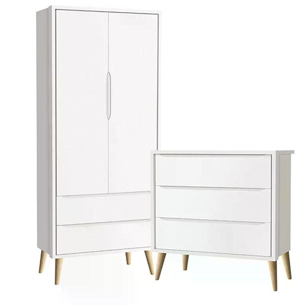 Guarda Roupa 2 Portas E Cômoda 3 Gav Theo Branco Fosco Pés Madeira Natural Reller Móveis