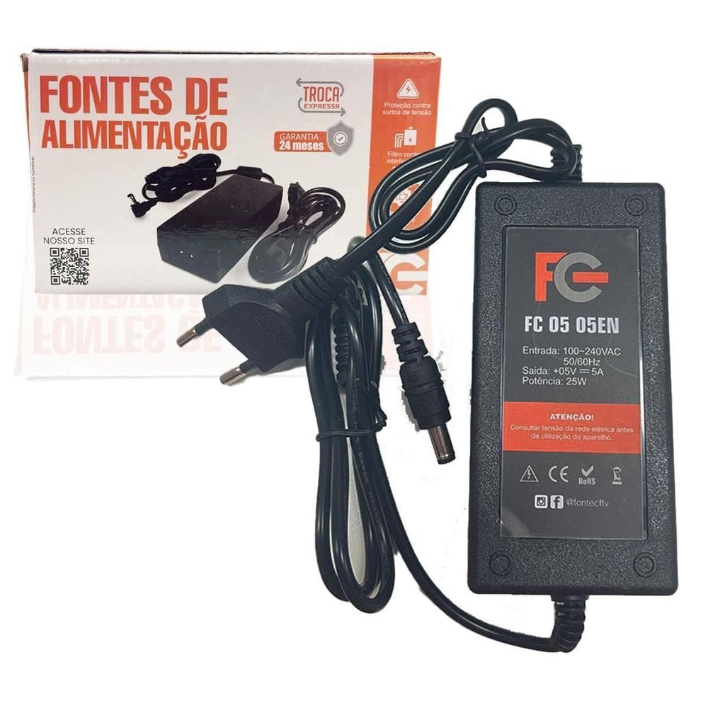 Fonte Bivolt 5V 5A Automática Pino P4 5,5 2,1Mm Fc Fontes