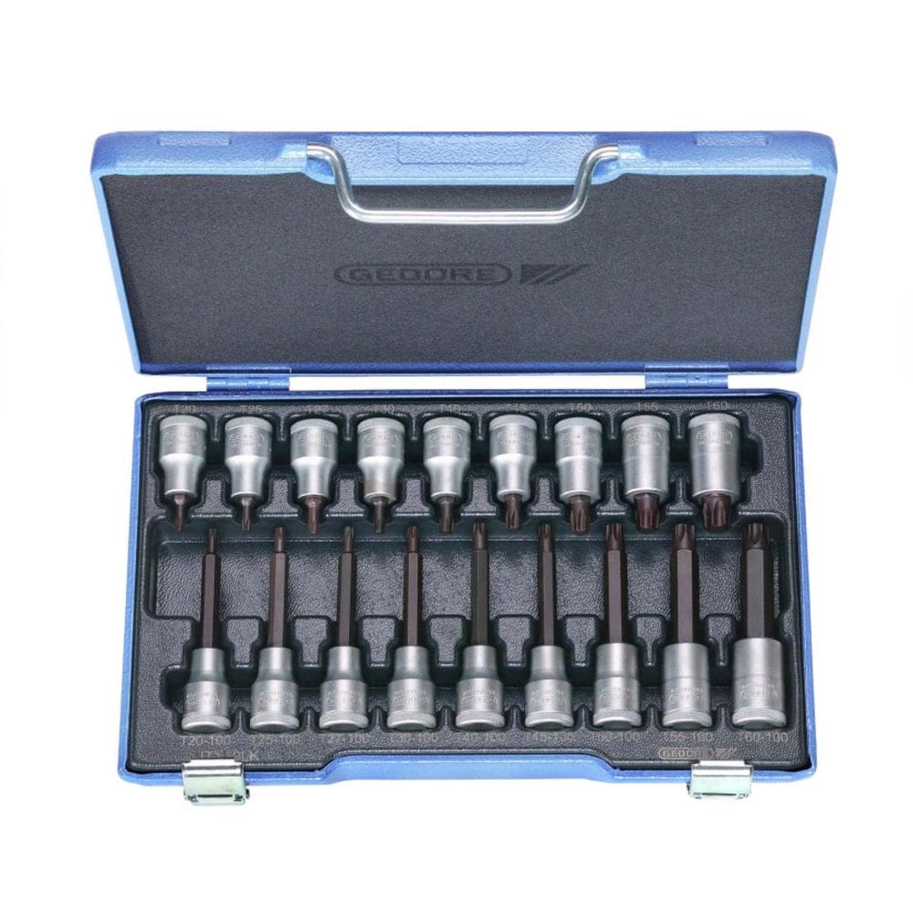Jogo de Chaves Soquetes Tork Hexalobular de T20 à T60 Encaixe 1/2" com 18 Peças - Gedore 024797