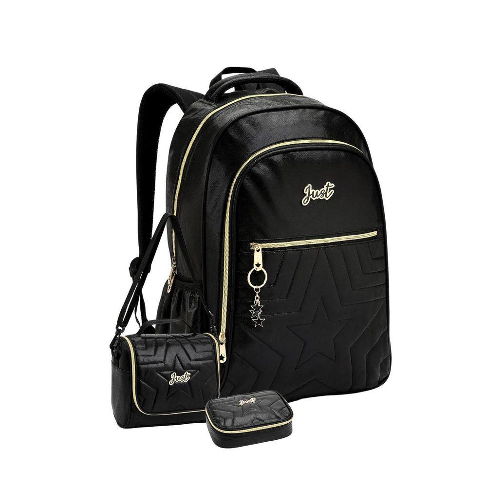 Kit Mochila Costas+Lancheira+Estojo Just Metalizada - Preto