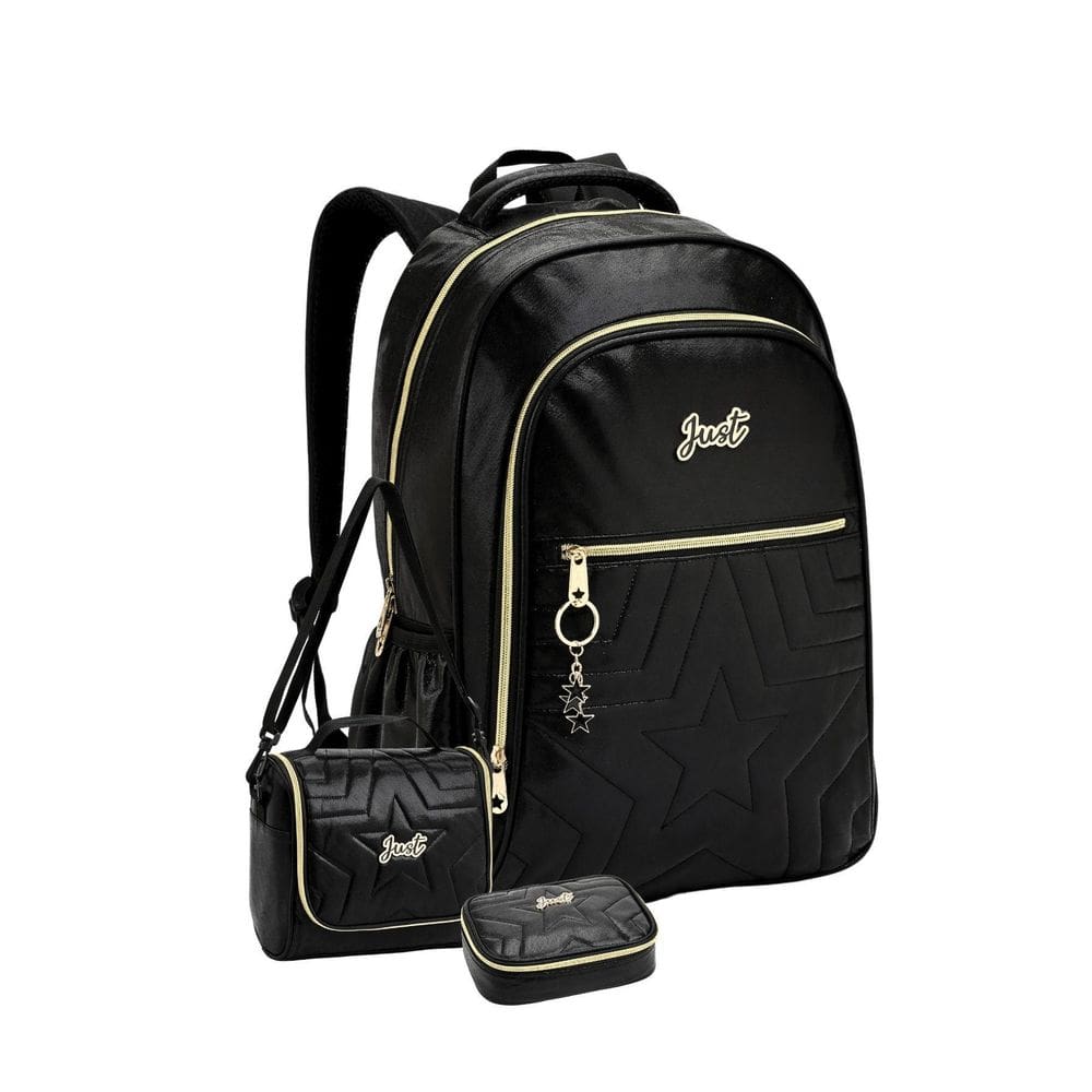 Kit Mochila Costas+Lancheira+Estojo Just Metalizada - Preto