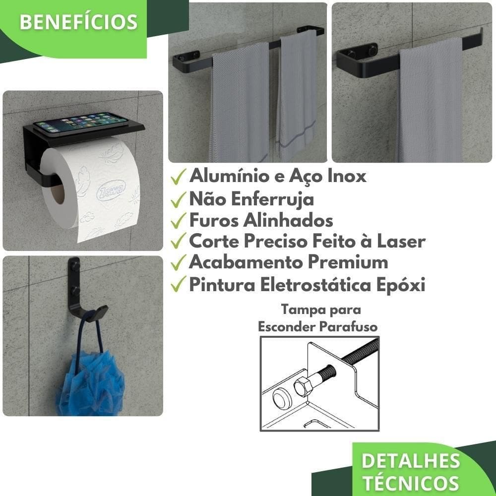 Kit Acessórios Para Banheiro Preto Fosco 4 Peças Max