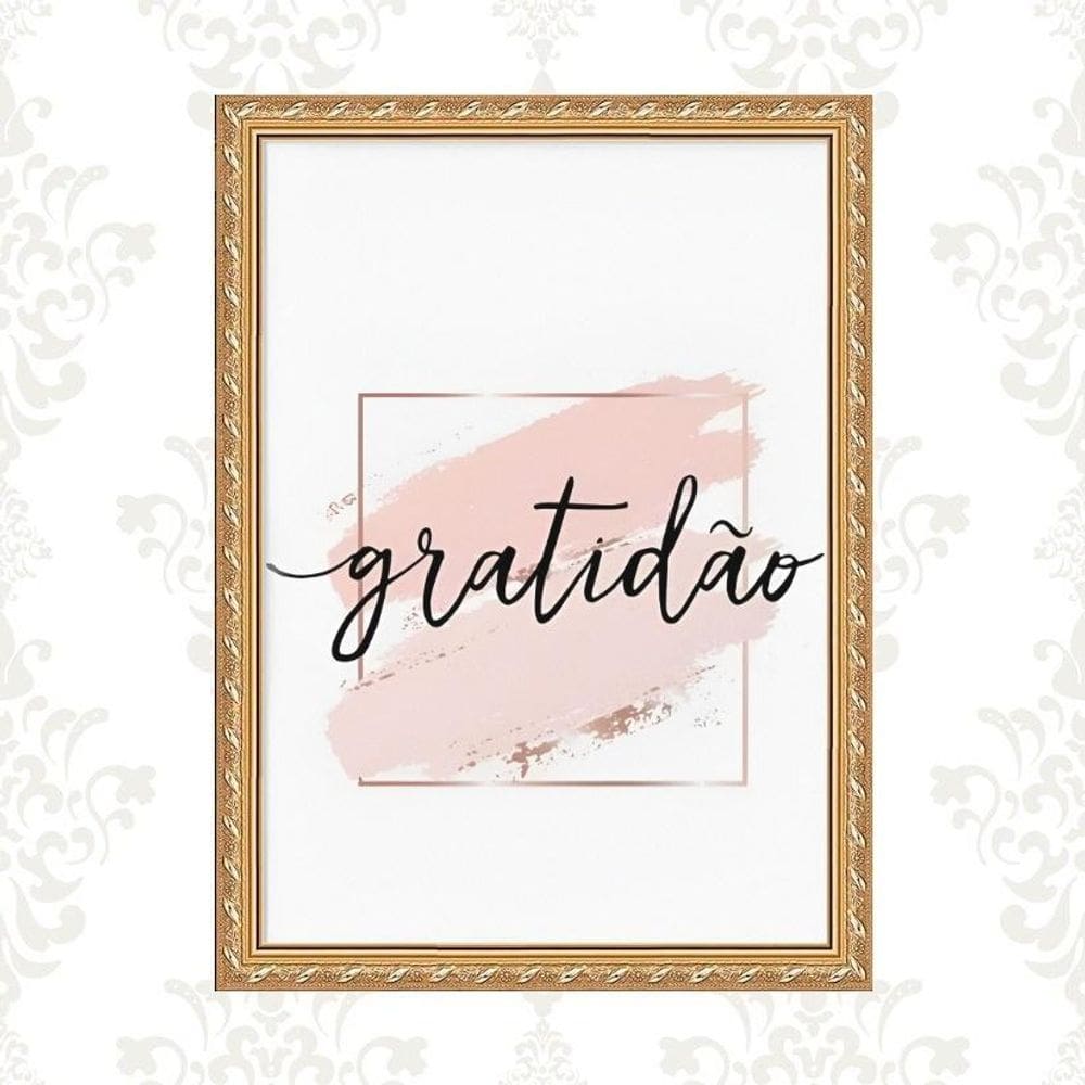 Quadro Moldura Dourada Gratidão Rosê 33X24Cm